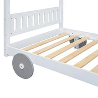 Twin Size Canopy Platform Bed, Wooden 4-Post Canopy Car-Shaped Platform Bed Frame with Wheels and Slats Support, Bedroom Mattress Foundation for Kids Girls Boys, No Box Spring Needed, White