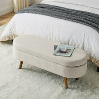 Oval Storage Ottoman Bench, 43.5" Linen Upholstered Storage Bench with Solid Wood Legs, Modern End of Bed Storage Bench Indoor Ottoman Bench with Storage for Living Room, Bedroom, Entryway, Beige