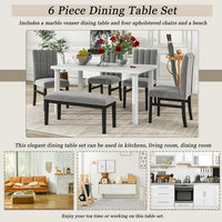 6-Piece Dining Table Set, Modern Kitchen Table and Chairs Set for 6 with Marble Veneer Table, 4 Flannelette Upholstered Dining Chairs & Bench, Kitchen Living room Dining Room Table and Chair Set, Gray
