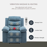 Electric Power Recliner Chair with Heat and Massage, Velvet Oversized Electric Overstuffed Chair with Soft Cushion and Back, 160° Adjustable Recliner Chair with Steel Frame for Living Room, Blue