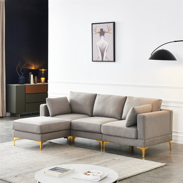 L Shape Sectional Couch, Modern Sectional Chaise Upholstered Leisure Sofa with Golden Metal Legs, 3-seat Sectional Corner Couch for Small Apartment Living Room, 92.9"L x 59.8"W x 31.1"H, Grey