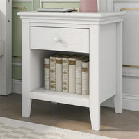 Farmhouse Nightstand, Solid Wood End Table with 1 Drawer and 1 Open Drawer, Accent Table Sofa Table with Handles and Tapered Legs, Side Table Storage Cabinet for Bedroom Hallway Living Room, White