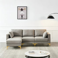 L Shape Sectional Couch, Modern Sectional Chaise Upholstered Leisure Sofa with Golden Metal Legs, 3-seat Sectional Corner Couch for Small Apartment Living Room, 92.9"L x 59.8"W x 31.1"H, Grey