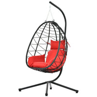 Patio Swing Chair, Outdoor PE Wicker Hanging Egg Chair with Metal Stand Base and Wicker Basket, Hammock Chair with Cushion for Balcony, Poolside, Backyard, Red Cushion