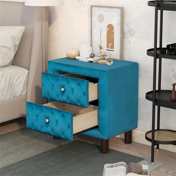 INCLAKE Upholstered Nightstand with Two Drawers, Side Table Wooden Accent End Table Storage Cabinet, Modern Wood Bedside Table with Velvet Fabric, Bedroom Furniture, Blue