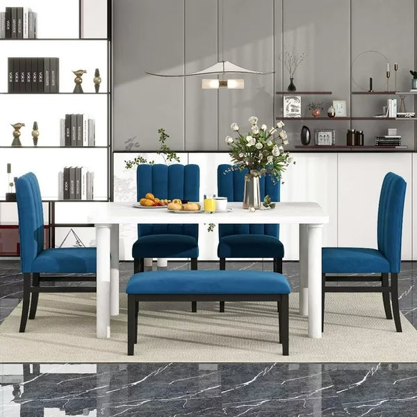 6-Piece Dining Table Set for 6 People, Wooden Kitchen Table Set with Marble Veneer Table and 4 Flannelette Upholstered Dining Chairs & Bench, Rustic Style Family Furniture, for Kitchen, Blue