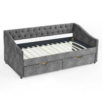 Twin Size Upholstered Tufted Sofa Bed with Drawers,Button on Back and Copper Nail on Waved Shape Arms,Trundle Bed,Modern Daybed for Kids, Teens and Adults, No Box Spring Needed,81.5“x41”x30.5“,Grey