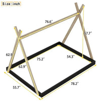 Full Size Tent Floor Bed with Triangle Structure, Wood Montessori Bed House Bed, Wood Platform Bed Frame with Roof, Teepee Bed, Playhouse Design, No Box Spring Needed, Natural