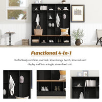 Wide Design Hall Tree with Storage Bench,Minimalist Shoe Cabinet with Cube Storage and Shelves,Multifunctional Coat Rack with 8 Hooks for Entryways,Black