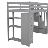 Twin Size Loft Bed with Staircases for Kids, Solid Wood Bed Frame with Built-in Storage Drawers and 3-Tier Shelves, Modern Versatile Bed with Safety Guardrails for Boys and Girls, Gray