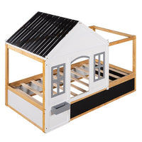 Twin Size House Shaped Canopy Bed, Fun House Bed with Black Roof, White Window, Blackboard, Little Shelf, Multi-functional Bed Frame for Children, White