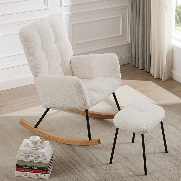 Nursery Rocking Chair with Ottoman for Mom and Baby, Upholstered Rocker Glider Chair with High Backrest, Boucle Fabric Armchair Leisure Sofa Chair for Bedroom Living Room Office, Beige