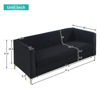 77.3"×32" Mid Century Velvet Sofa, 2-3 Seater Modern Couch, Exquisite Loveseat with Vertical Striped Decoration and Metal Legs Upholstered Sofa Couch for Living Room, Bedroom, Apartment, Office, Black