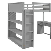 Full Size Loft Bed with Desk, Wood Loft Bed Frame with 5 Storage Drawers, 3 Tiers Shelves and Safety Guardrails, High Bed with Side Ladder for Boys Girls Teens Adults, No Box Spring Needed, Grey