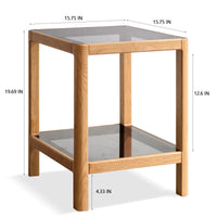 Wood End Table, Natural Oak Wood Bedside Table with Tempered Glass, Modern Nightstand with Storage Shelf for Living Room, Dinning Room, Bedroom