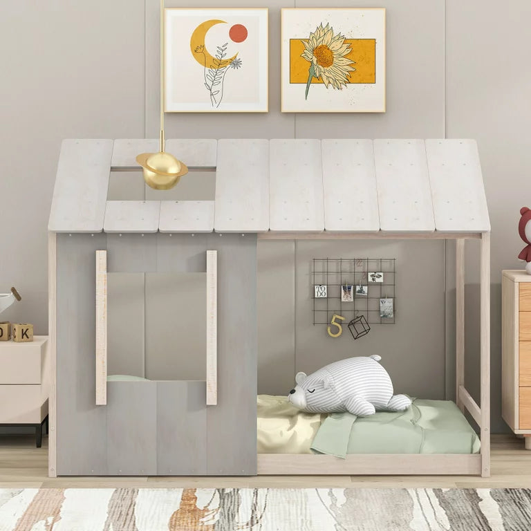 Twin House Bed for Kids, Montessori Floor Bed with Roof and Window, Wood Twin Floor Bed Frame with Cottage Style Rustic Design Cabin Playhouse Bed for Girls, Boys, Antique Gray&Antique White