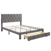 JINS & VICO Platform Bed, Queen Size Platform Bed Frame with a Big Drawer and Button Tufted Headboard, Velvet Upholstered Storage Platform Bed for Kids Adults Bedroom, Gray