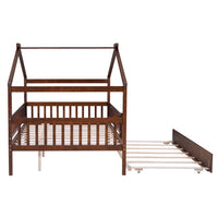 Full Size House Bed with Trundle, Wood Full Bed Frame with Roof and Fence-Shaped Guardrail, Montessori Bed for Teens, Boys or Girls, Walnut