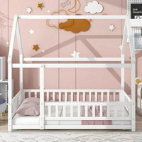 Full Size Floor House Bed with Roof, Kids Floor Bed with Full Length Fence, Playhouse Montessori Bed, Wooden Platform Bed Frame for Kids Teens Girls Boys, Box Spring Needed, White