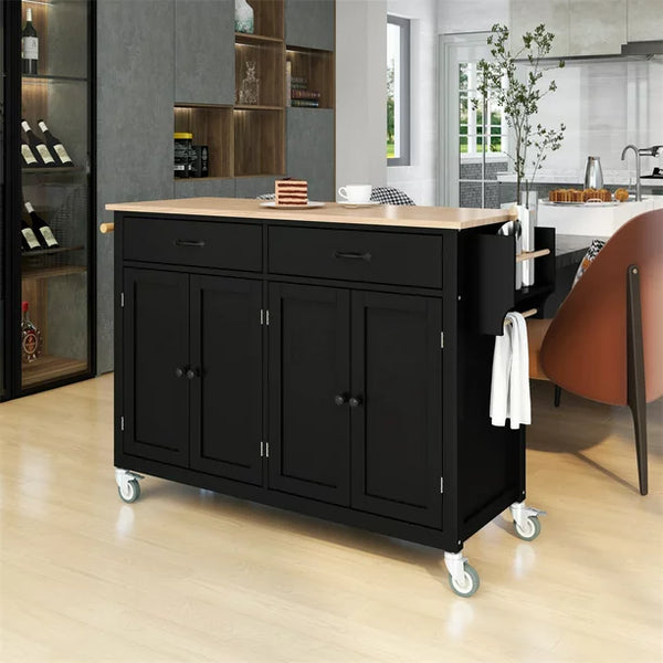 Kitchen Island Cart, 54.3''W Dining Cart with Solid Wood Top & Locking Wheels, Rolling Mobile Kitchen Island Table with Two Drawers, 4 Door Cabinet with Spice Rack & Towel Rack, Black