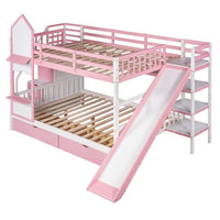 Wood Bunk Bed, Full-Over-Full Castle Style Bunk Bed with 2 Drawers and 3 Shelves, Playhouse Inspired Bunk Bed with Slide and Storage Staircase, No Box Spring Needed, Pink