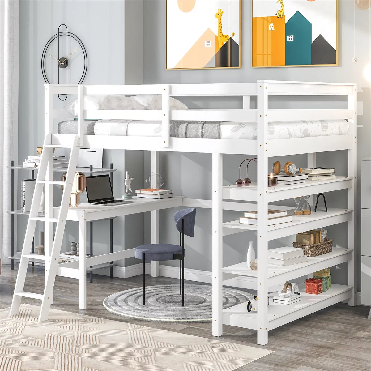 Full Size Loft Bed with Desk and Storage Shelves,Wooden High Loft Bed Frame with Ladder and Bookshelf for Dorm,Kids Adults Boys Girls Teens,White