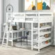 Full Size Loft Bed with Desk and Storage Shelves,Wooden High Loft Bed Frame with Ladder and Bookshelf for Dorm,Kids Adults Boys Girls Teens,White