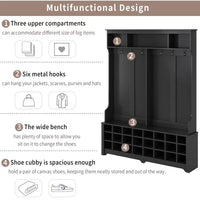 60" Wide Coat Rack with Black Metal Hooks,Hall Tree with Entryway Bench and 24 Shoe Cubbies,Hallway Storage Cabinet for Hallway Living Room Bedroom