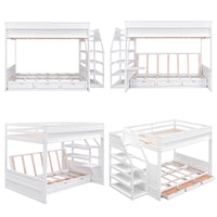 Full Over Full Futon Bunk Bed with 3 Drawers, Solid Wood Convertible Bunk Bed Frame with Storage Staircase and Bedside Table, Down Bed can be Converted into Daybed for Kids Teens Adults - White