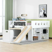 Full Size Loft Bed with Desk and Slide for Kids, Wooden Low Full Loft Bed Frame with Blackboard and Chair for Kids Boys Girls, Open Cabinets and Built-in Staircase Design, White