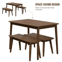 Rubber Wood Dining Table Set with 2 Benches, 3-Piece Modern Kitchen Table Set with Sleek Wood Board for 4, Simple Space Saving Dinette Set of 3, Scratch and Wear Resistant, Walnut