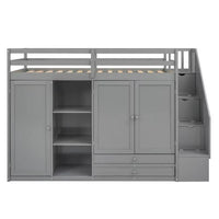 Twin Size Loft Bed, Wood Bed Frame with 2 Wardrobes, 2 Drawers, 3 Shelves and Storage Stairs, Multi-Function Loft Bed for Kids Teens Boys Girls, No Box Spring Required, Gray