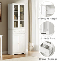 3-Tier Bookshelf with Doors and 3 Drawers, Home Office Large Storage Cabinet with Shelves and Display Cabinet, Tall Standing Bookcase with LED Light Strips for Living Room Apartment, White