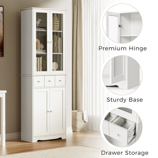 3-Tier Bookshelf with Doors and 3 Drawers, Home Office Large Storage Cabinet with Shelves and Display Cabinet, Tall Standing Bookcase with LED Light Strips for Living Room Apartment, White