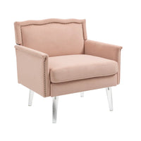 Accent Chair, Modern Velvet Upholstered Armchair with Acrylic Legs and Nailhead Trims, Comfy Tufted Single Sofa Chair with Curved Back and Rolled Arms, Lounge Chair Vanity Chair for Living Room, Pink