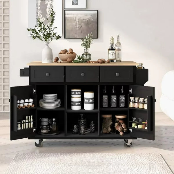 Kitchen Island Cart, Island Table for Kitchen, Rubber Wood Drop-Leaf Countertop, Mobile Portable Kitchen Island with Storage Cabinet & 3 Drawers, Farmhouse Buffet Server Sideboard, Black