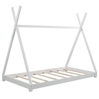 Twin Size House Bed Tent Bed for Kids Toddlers and Teens, Montessori Wood Floor Bed Frame with Sturdy Slats Support and Canopy Rack, Playhouse Design, No Box Spring Needed, White