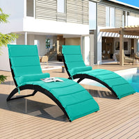 Patio Wicker Sun Lounger Set of 2, PE Rattan Foldable Chaise Lounger with Removable Cushion and Pillow, 2PCS Recliner Chair with Black Wicker and Turquoise Cushion for Poolside Garden Yard, Blue