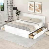 Modern King Size Wooden Platform Bed with 4 Storage Drawers, Solid Wooden Platform Bed Frame with Headboard and Support Legs , Storage Bed with Storage, for Any Bedroom, No Box Spring Needed, White