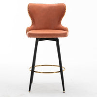Swivel Bar Stools Set of 2, Self-righting Counter Height Bar Chairs with Gold Footrest & Black Metal Legs, Leathaire Fabric Upholstered Dining Chairs with Nailhead Trim for Kitchen Island, Orange