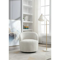 Swivel Barrel Chair, Modern Teddy Fabric Upholstered Accent Club Armchair with Metal Swivel Ring, Comfy Round Single Leisure Sofa Chair for Living Room Bedroom Office Coffee Shop, Ivory