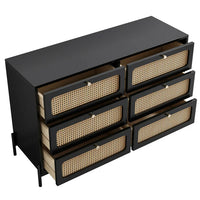 Rattan 6 Drawer Dresser, Modern Wood Dresser for Bedroom with Wide Drawers and Metal Handles and Legs, Storage Chest of Drawers for Bedroom Living Room Hallway Entryway, Black