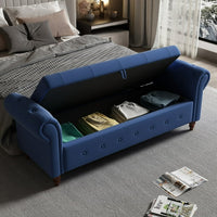 63" Storage Ottoman Bench, Button Tufted End of Bed Bench with Rolled Arms, Storage Bench with Solid Wood Legs, for Living Room, Bedroom, Entryway, Navy Blue
