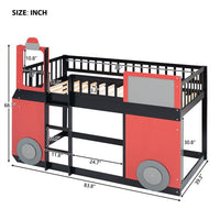Train Shaped Bunk Bed with Window, Wood Twin Over Twin Loft Bed Frame with Full-Length Guardrail & Ladders, Multifunctional Floor Loft Bunk Bed for Boys Girls, Space-Saving, No Box Spring Needed, Red