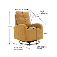360 Degree Swivel Rocking Recliner Chair, Modern Lounge Sofa Chair with Side Pocket and High Backrest, Nursery Glider Chair with Metal Base, Ergonomic Chair for Office Living Room Cinema, Yellow
