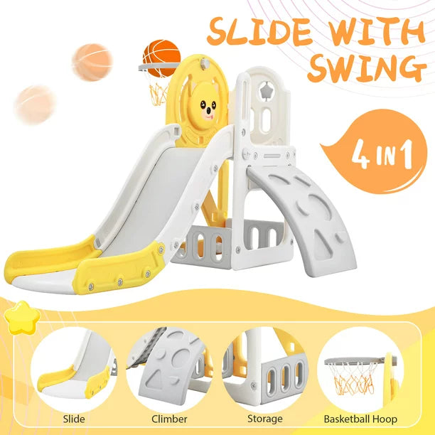 4 in 1 Toddler Slide and Climb Set, Kids Playground Climber Slide Playset with Basketball Hoop, Climb Stairs and Toy Storage Space Freestanding Play Combination for Babies Indoor & Outdoor, Yellow