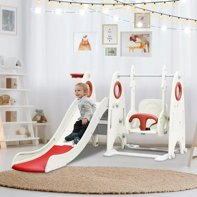 4 in 1 Toddler Slide and Swing Set, Kids Playground Climber Slide Playset with Basketball Hoop and Adjustable Stable Swing, Outdoor Indoor Freestanding Combination for Boys and Girls ,Red