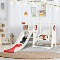 4 in 1 Toddler Slide and Swing Set, Kids Playground Climber Slide Playset with Basketball Hoop and Adjustable Stable Swing, Outdoor Indoor Freestanding Combination for Boys and Girls ,Red