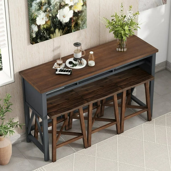 4-Piece Bar Table Set with 3 Stools, Farmhouse Wood Counter Height Dining Table Set with 60" Console Kitchen Table and Chairs, Home Bar Pub Breakfast Set, for Small Places, Dining Room, Walnut