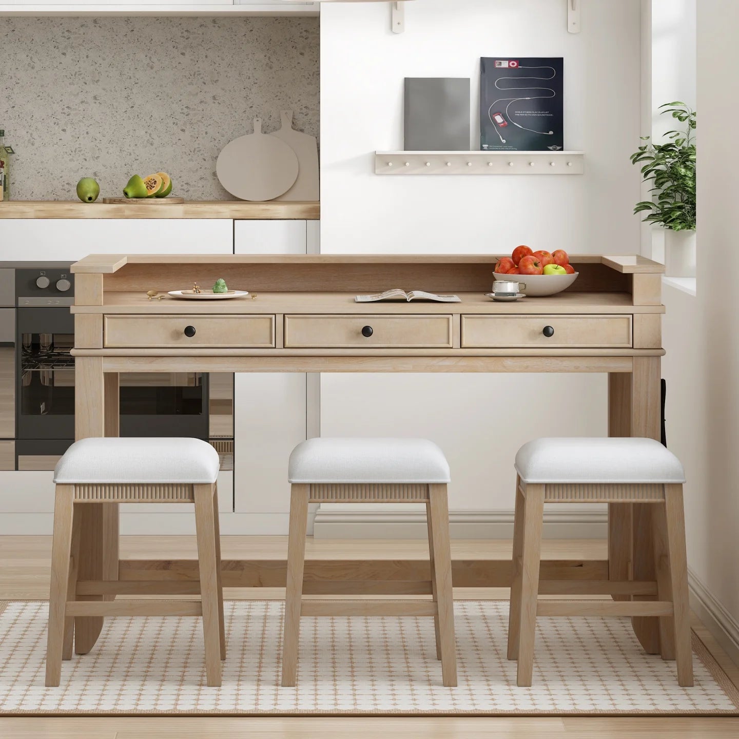 4-Piece Dining Bar Table Set, Counter Height Table Set with 3 Upholstered Stools, Multifunctional Console Table Set with 3 Drawers, USB Port and Power Strip, for Dining Room, Living Room, Natural
